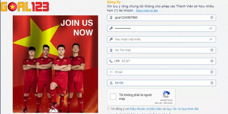 Điền đầy đủ các thông tin cá nhân để đăng ký Goal123 nhanh chóng